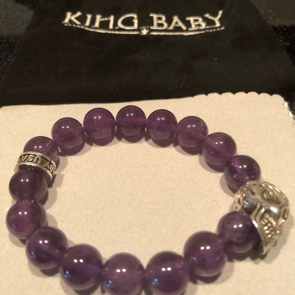 ❌SOLD❌❤️KING BABY STUDIO 10mm Amethyst Bead Silver Skull Bracelet $365 - Picture 3 of 15